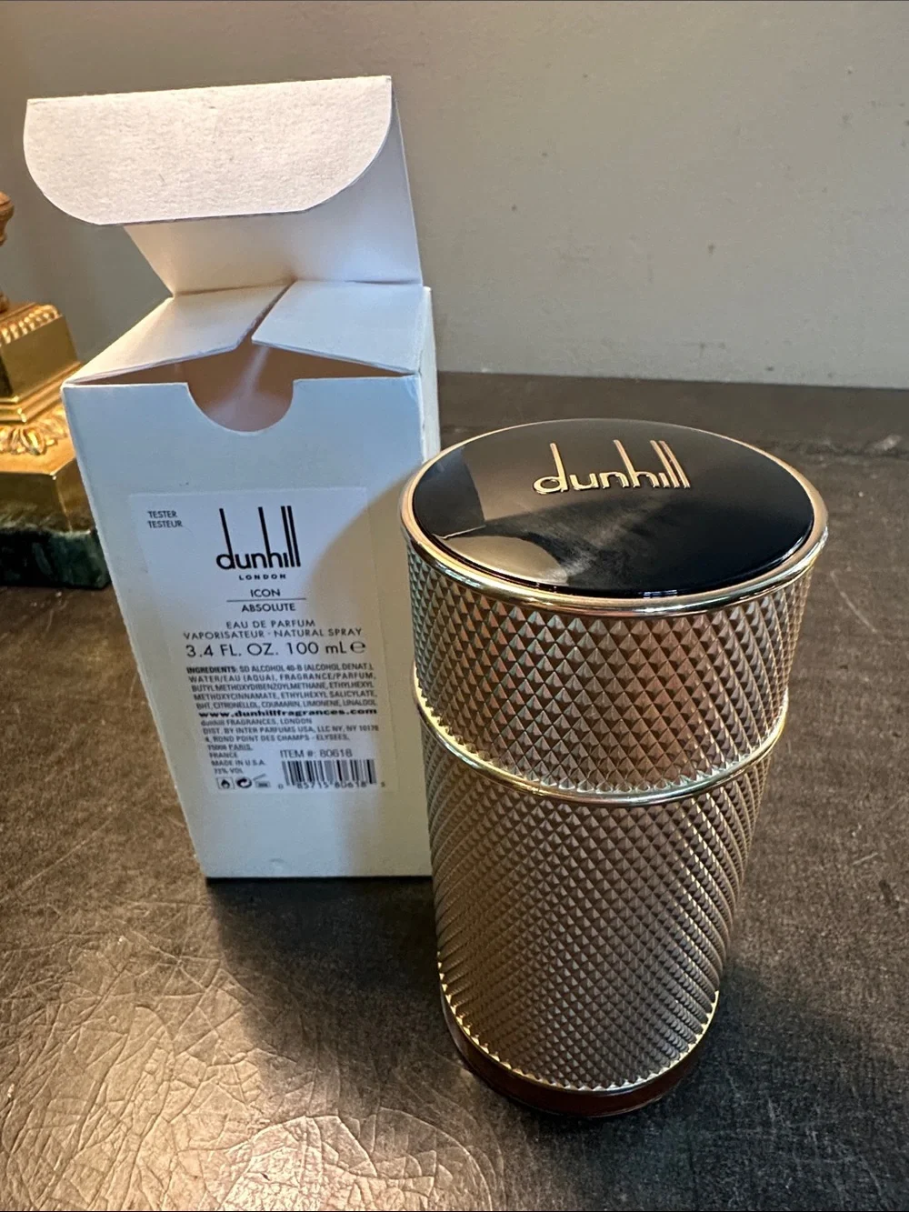 Dunhill Gold Textured Cylindrical Fragrance Bottle with Black Top